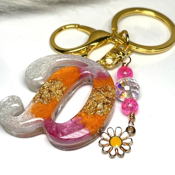 REDUCED Custom Orange Cream and Pink Letter “D” Keychain with Daisy Charm - Picture 5 of 11